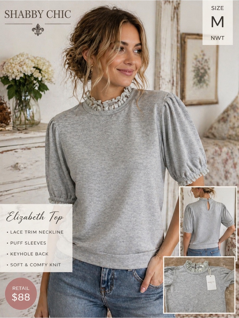 Shabby ChicTop Womens Medium Puff Sleeve Lace Trim NEW cottagecore grey white
